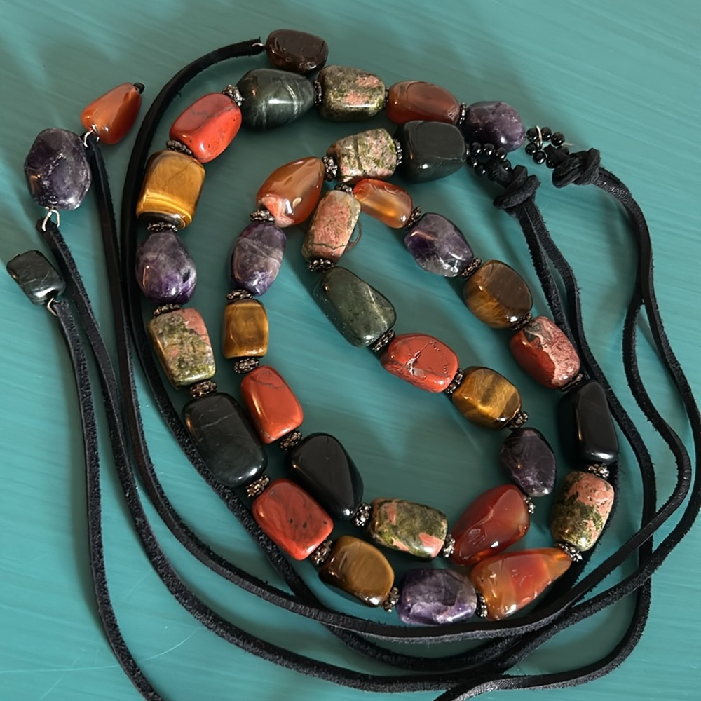 Artisan Vintage Cara NY Mixed Crystal Gemstone Bead and Leather Boho Tie Belt